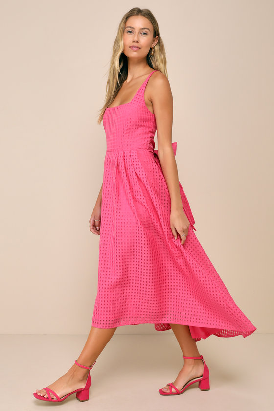 Lulus Definitely Stunning Hot Pink Gingham Burnout Midi Dress In Hot Pink