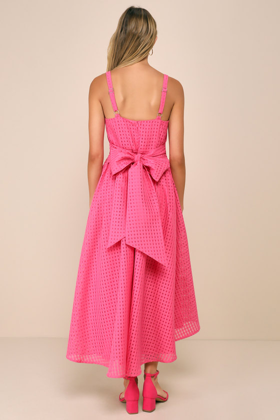 Lulus Definitely Stunning Hot Pink Gingham Burnout Midi Dress In Hot Pink