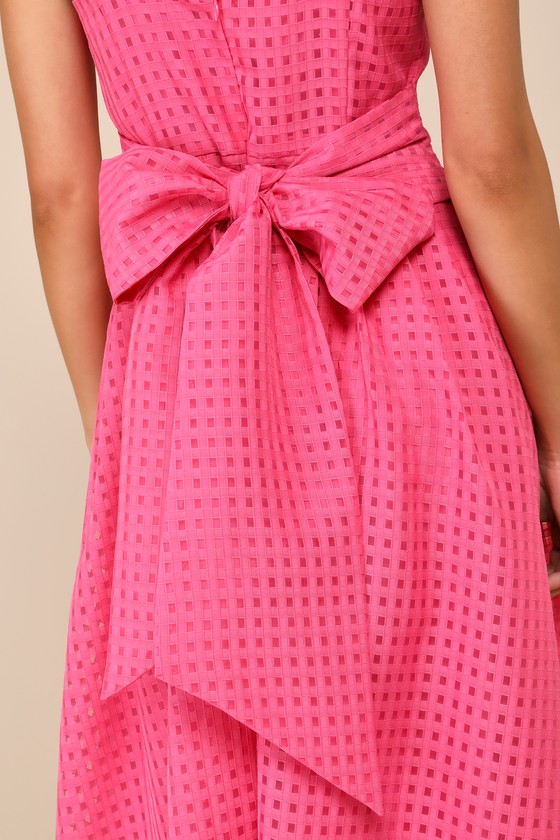 Lulus Definitely Stunning Hot Pink Gingham Burnout Midi Dress In Hot Pink