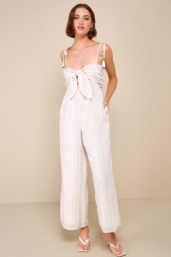 Lulus Confident Pick Ivory Striped Tie-front Two-piece Jumpsuit In Ivory