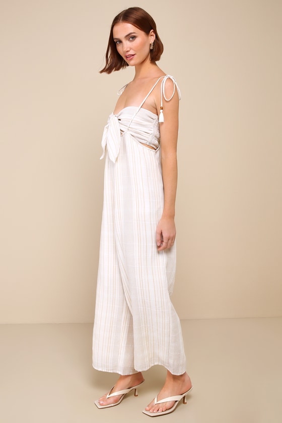 Lulus Confident Pick Ivory Striped Tie-front Two-piece Jumpsuit In Ivory