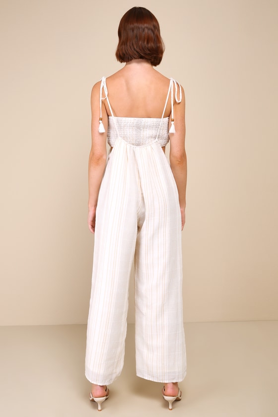 Lulus Confident Pick Ivory Striped Tie-front Two-piece Jumpsuit In Ivory