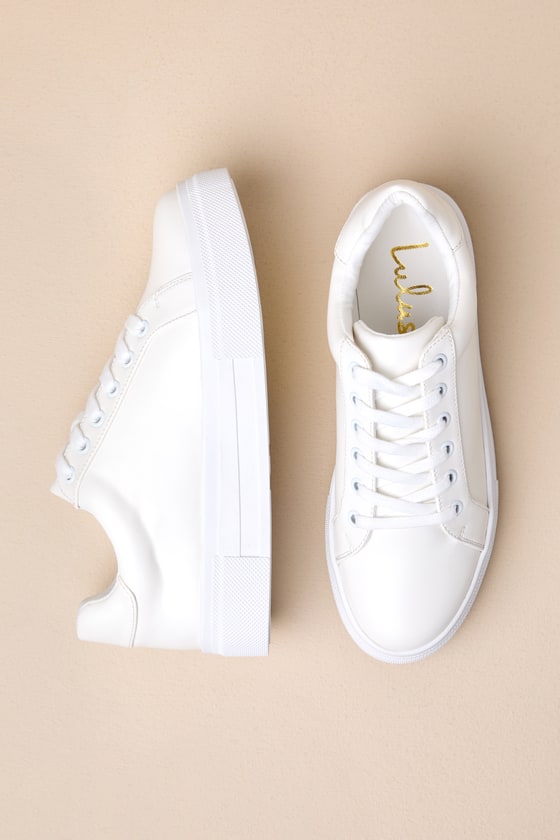 Lulus Lannie White Lace-up Flatform Sneakers In White