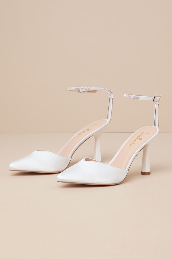 Lulus Marsella White Satin Rhinestone Pointed-toe Pumps In White