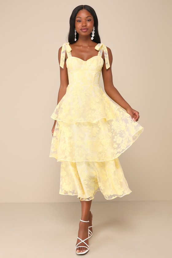 Image of Glamorous Sweetie Yellow Burnout Tie-Strap Bustier Midi Dress