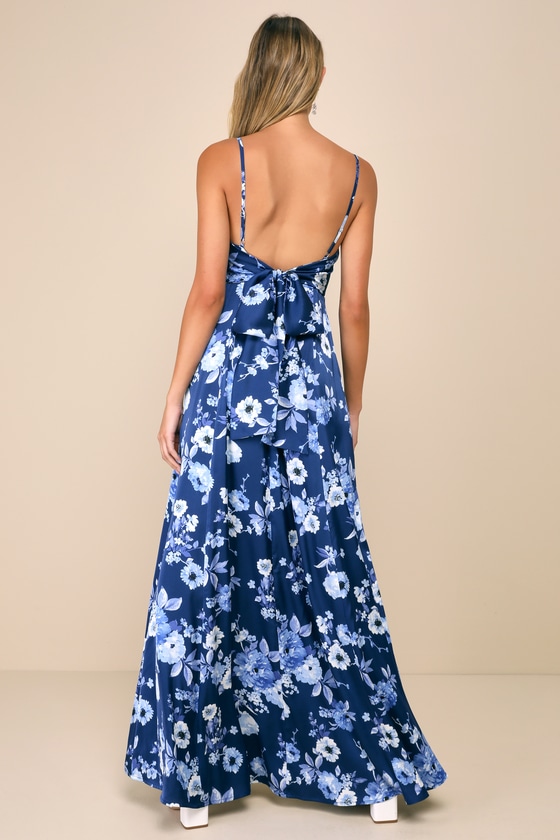 Navy Blue Floral Gown - Satin Floral Gown - Tie-Back Maxi Dress - Lulus