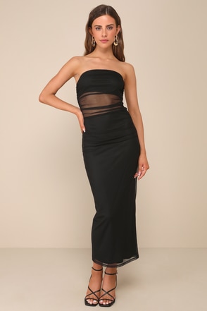 utterly attractive slate blue mesh ruched strapless midi dress Mesh Ruched Midi Dress in Sky Blue