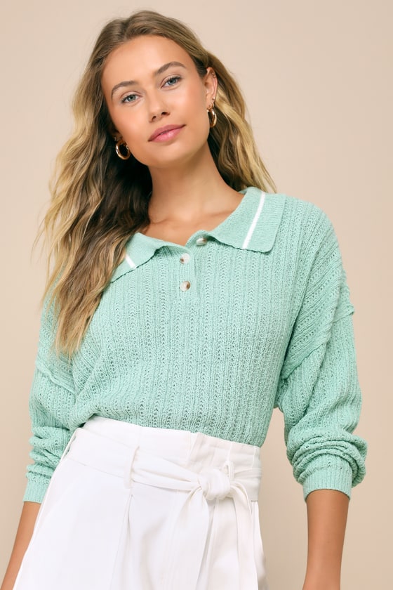 Lulus Pretty Ready Mint Green Collared Long Sleeve Sweater Top