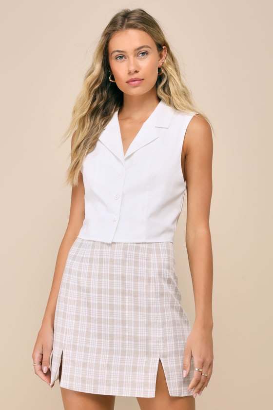 LULUS FETCHING CUTIE BEIGE PLAID HIGH-RISE NOTCHED MINI SKIRT