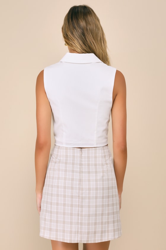 LULUS FETCHING CUTIE BEIGE PLAID HIGH-RISE NOTCHED MINI SKIRT