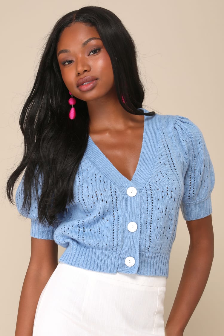 Short Sweater Short Ladies Cardigans Light Blue Short Sleeve Crop