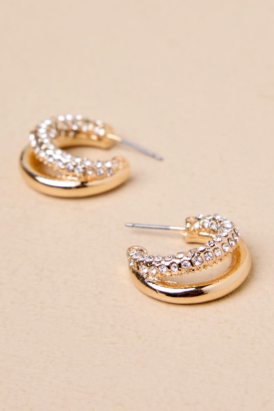 Gold Rhinestone Earrings - Layered Hoop Earrings - Gold Earrings - Lulus
