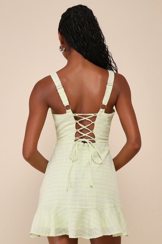 Lulus Happy Cutie Lime Green And White Burnout Plaid Mini Dress In Green And White