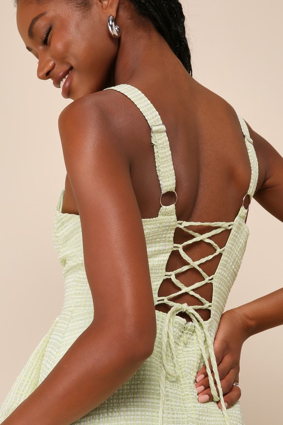 Lulus Happy Cutie Lime Green And White Burnout Plaid Mini Dress In Green And White