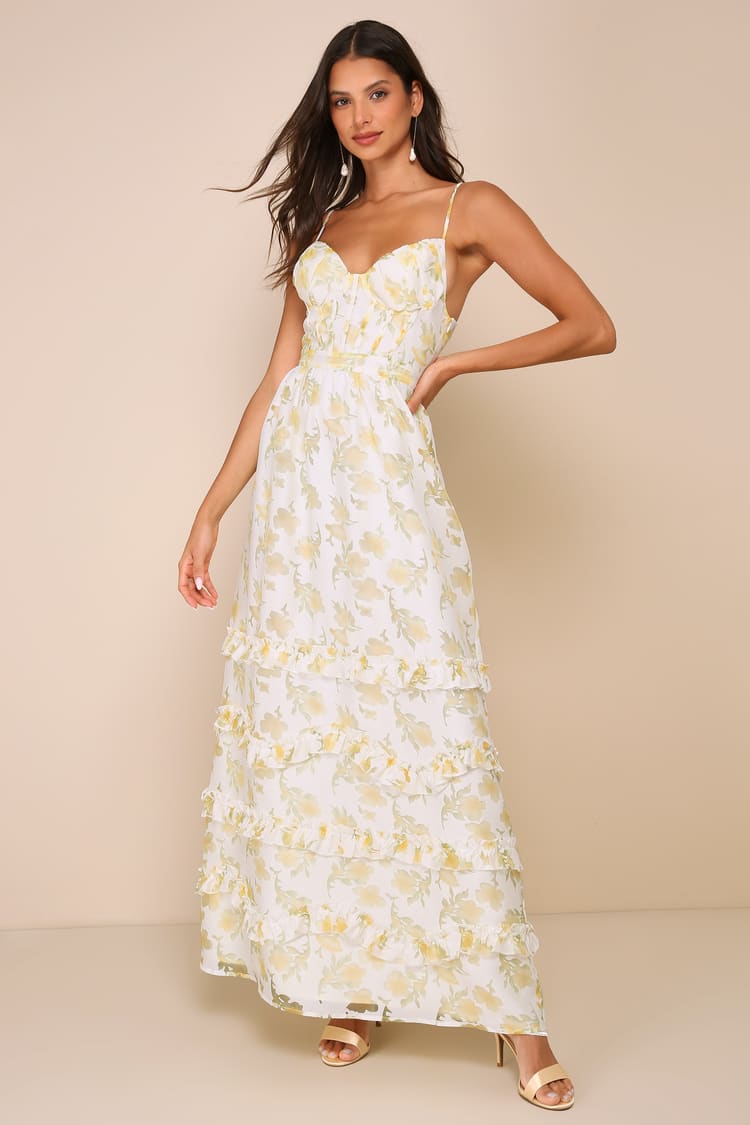 knee length dresses for ladies Valencia Cream Lace Corset Maxi Dress With Detachable Skirt – Club L London main image 0