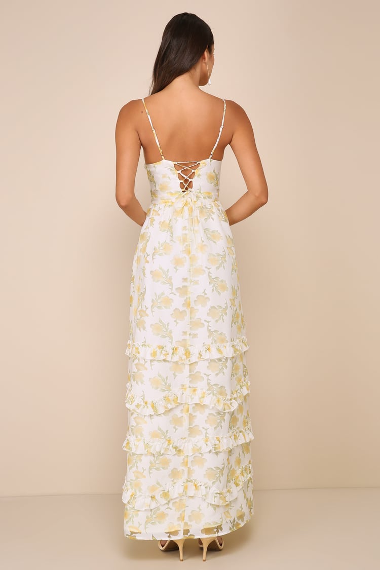 Gorgeous Occasion Cream Floral Burnout Lace-Up Tiered Maxi Dress