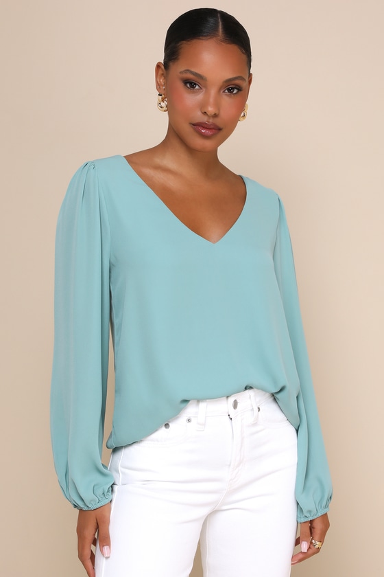 Sage Green Top - V-Neck Top - Long Sleeve Blouse - Women's Tops - Lulus