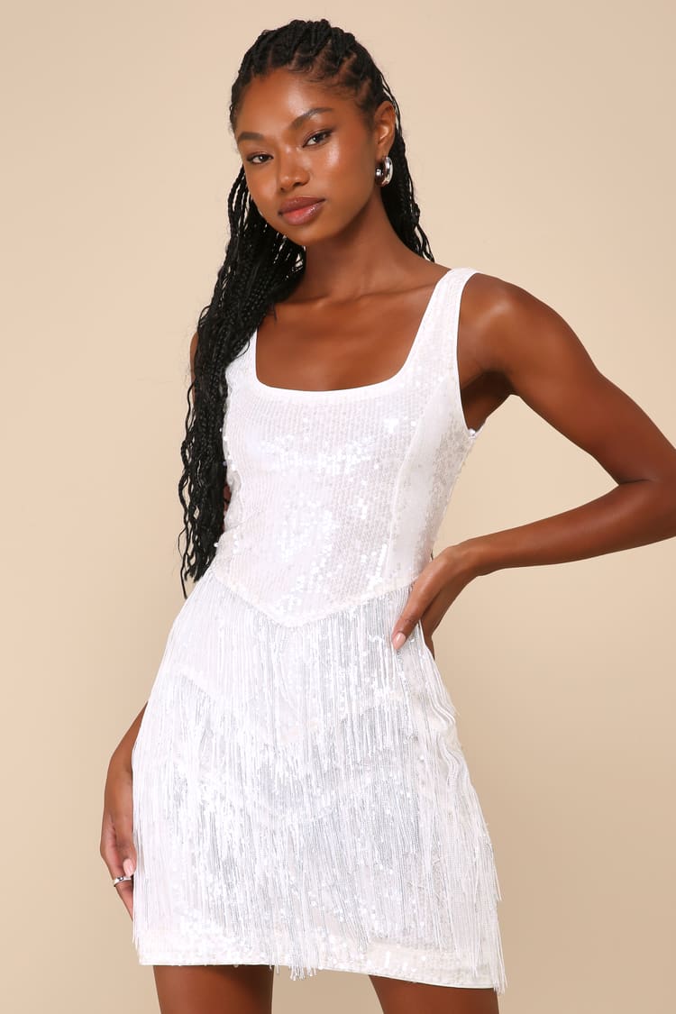 knee length dresses for ladies Nerina White Sequin Mini Dress