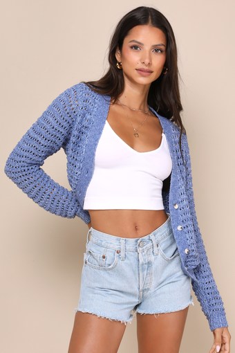 Breezy Attitude Blue Loose Knit Cardigan Button-Up Sweater 1