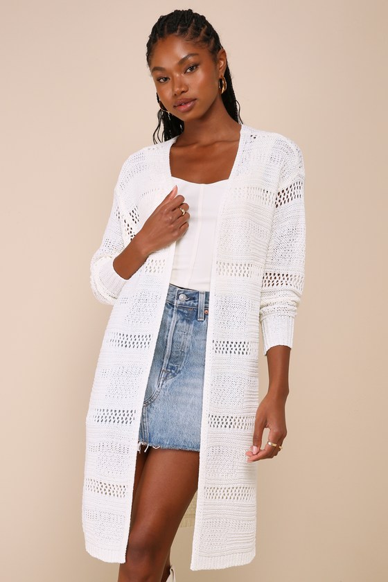 Boardwalk Sunsets Ivory Loose Crochet Long Cardigan Sweater