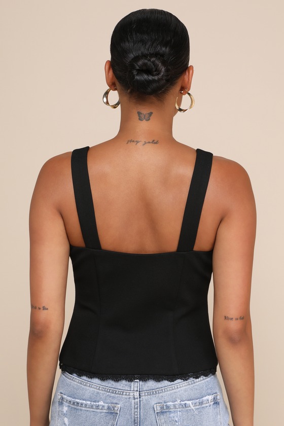 Lulus Sweetly Coy Black Sleeveless Lace Bustier Tie-front Top In Black