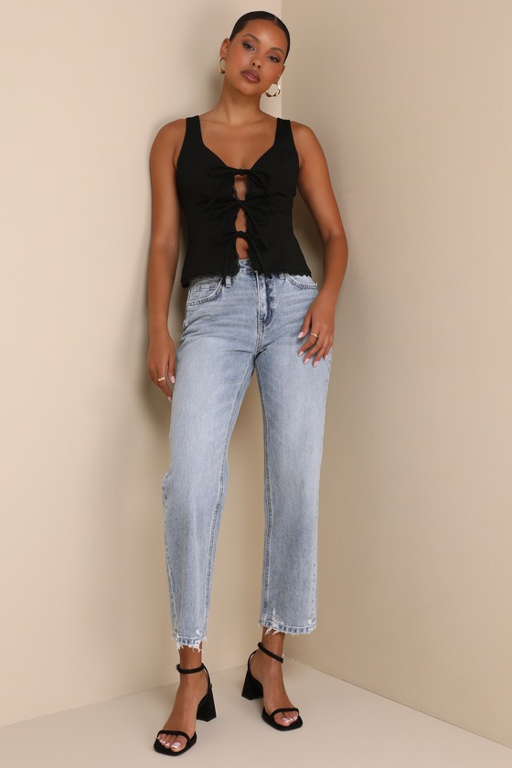Lulus Sweetly Coy Black Sleeveless Lace Bustier Tie-front Top In Black