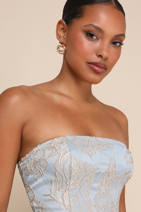 aesthetic pose slate blue and gold jacquard strapless mini dress Aesthetic Pose Slate Blue And Gold Jacquard Strapless Mini Dress
