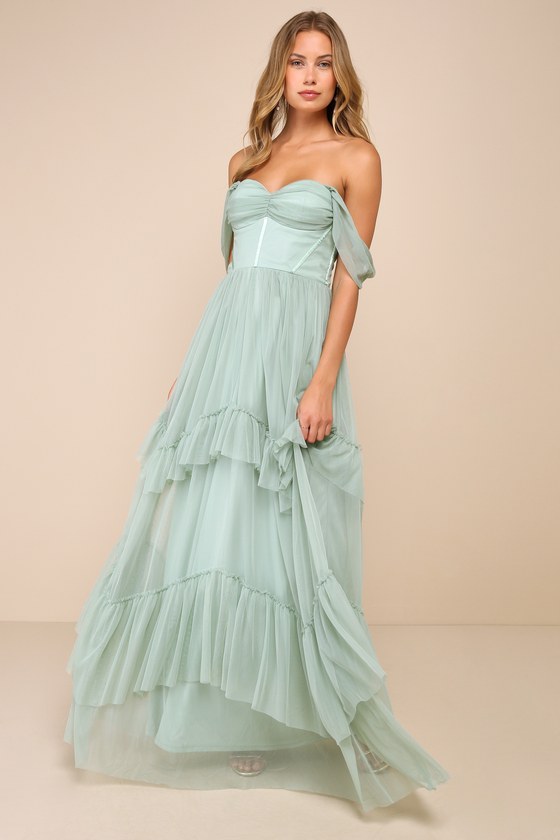 Image of Stunning Personality Sage Green Mesh Off-the-Shoulder Maxi Dress