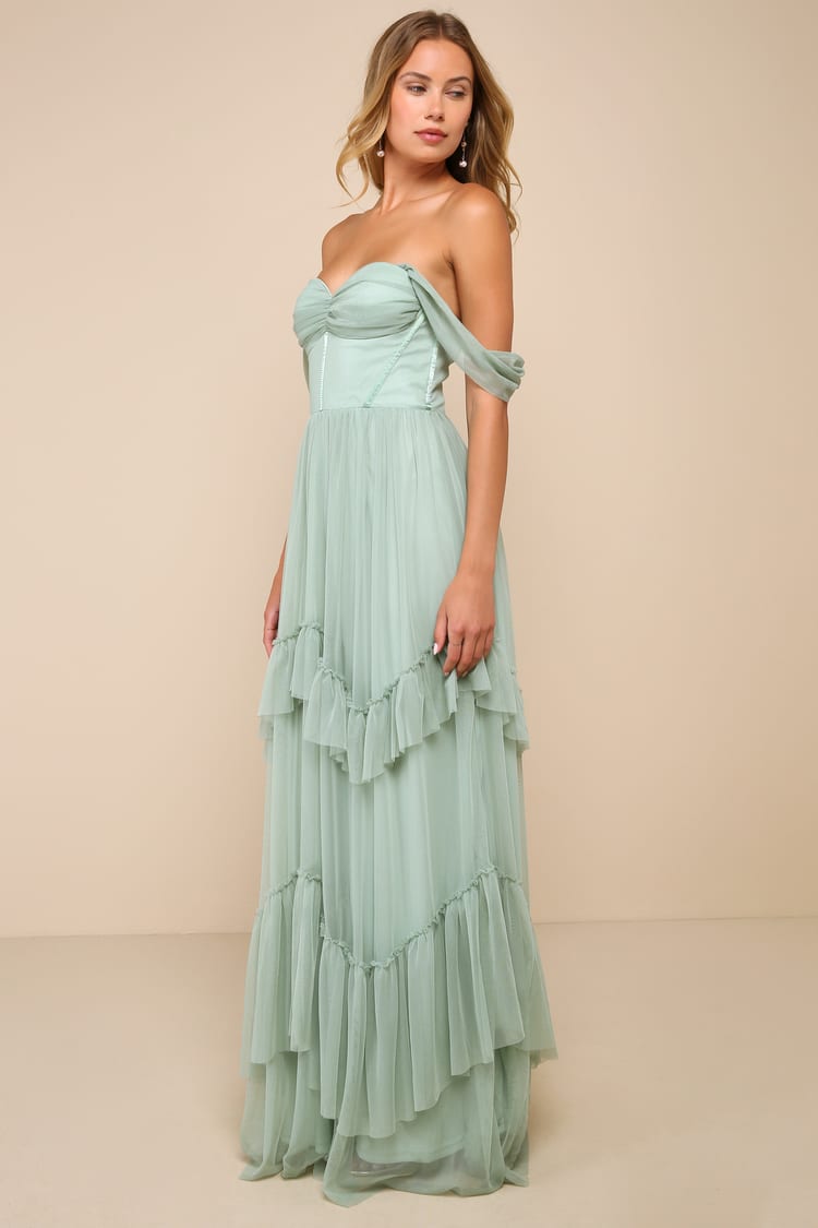 Stunning Personality Sage Green Mesh Off-the-Shoulder Maxi Dress