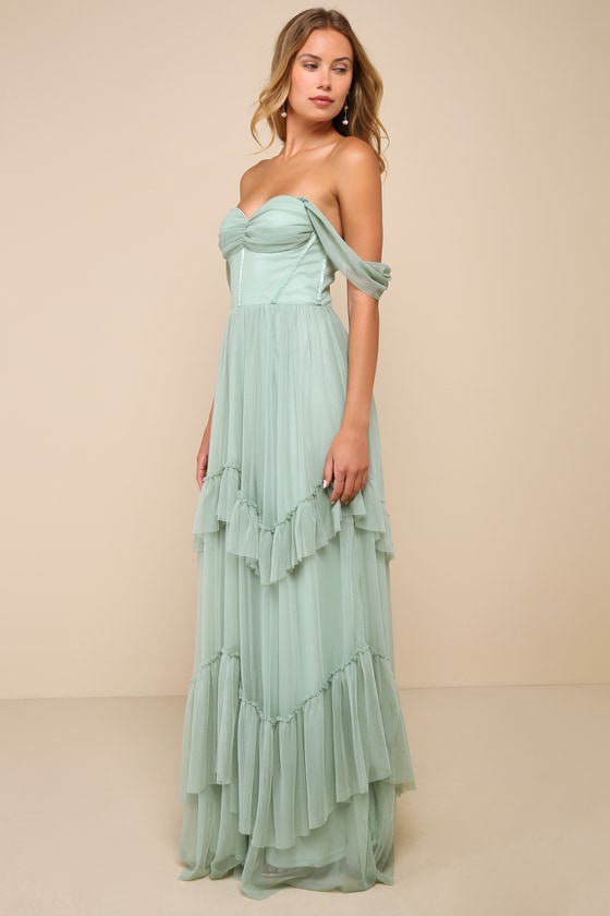 Stunning Personality Sage Green Mesh Off-the-Shoulder Maxi Dress 7
