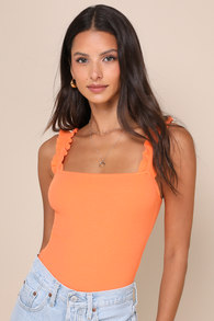 Musing About You Orange Ribbed Ruffle Strap Bodysuit 1