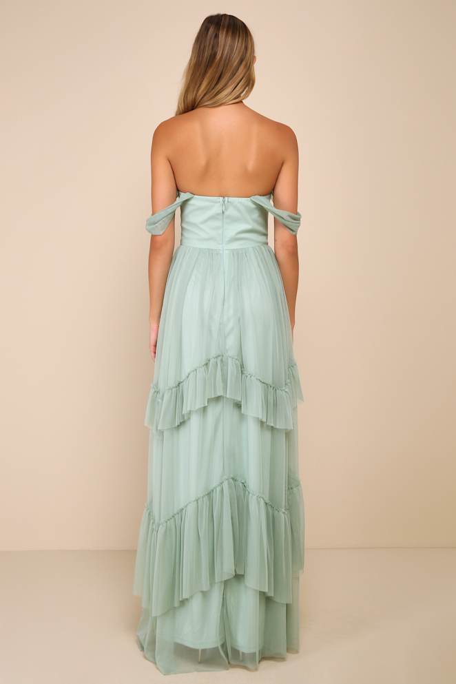 Stunning Personality Sage Green Mesh Off-the-Shoulder Maxi Dress