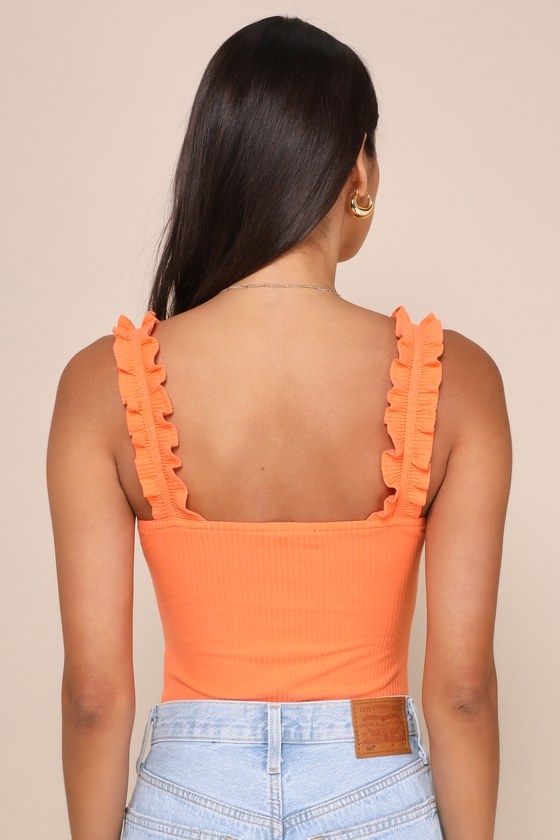 LULUS MUSING ABOUT YOU ORANGE RIBBED RUFFLE STRAP BODYSUIT