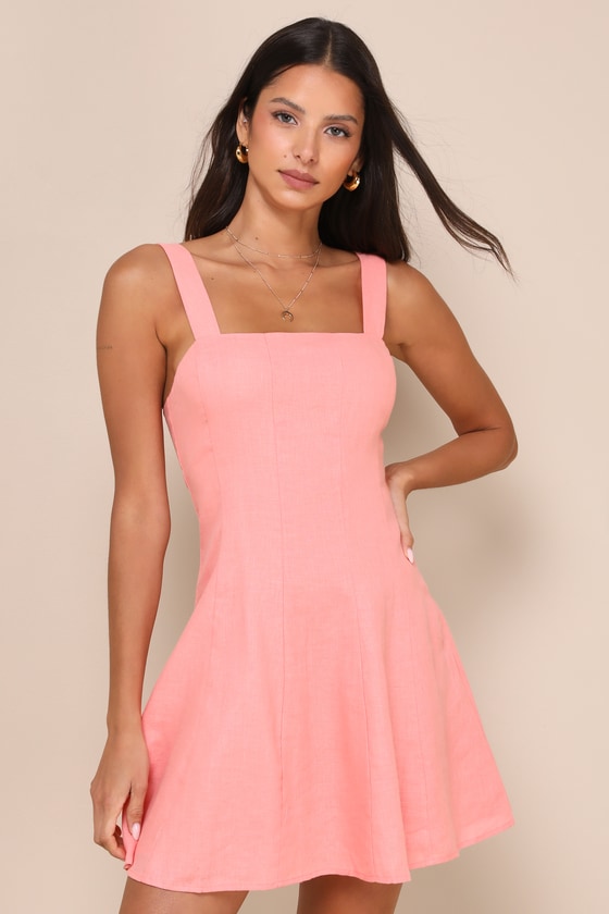 Undoubtedly Sweet Coral Pink Linen Sleeveless Mini Dress 1