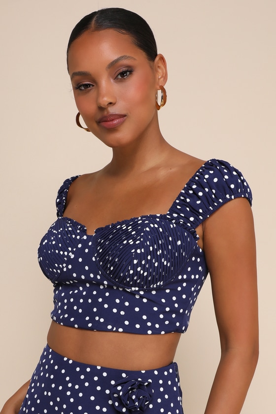 Navy Polka Dot Top - Pleated Crop Top - Cropped Bustier Top
