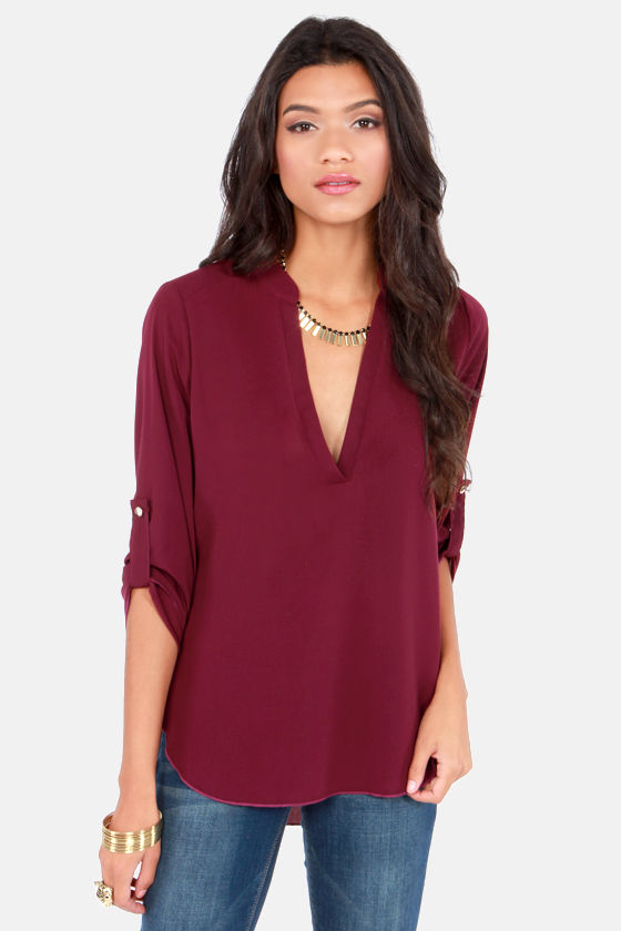 burgundy v neck long sleeve top