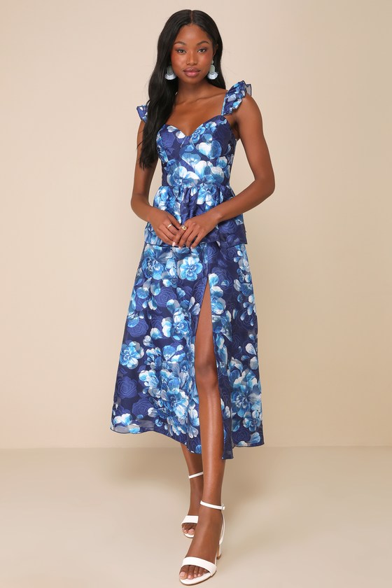 Lulus Memorable Poise Blue Floral Ruffled Bustier Midi Dress