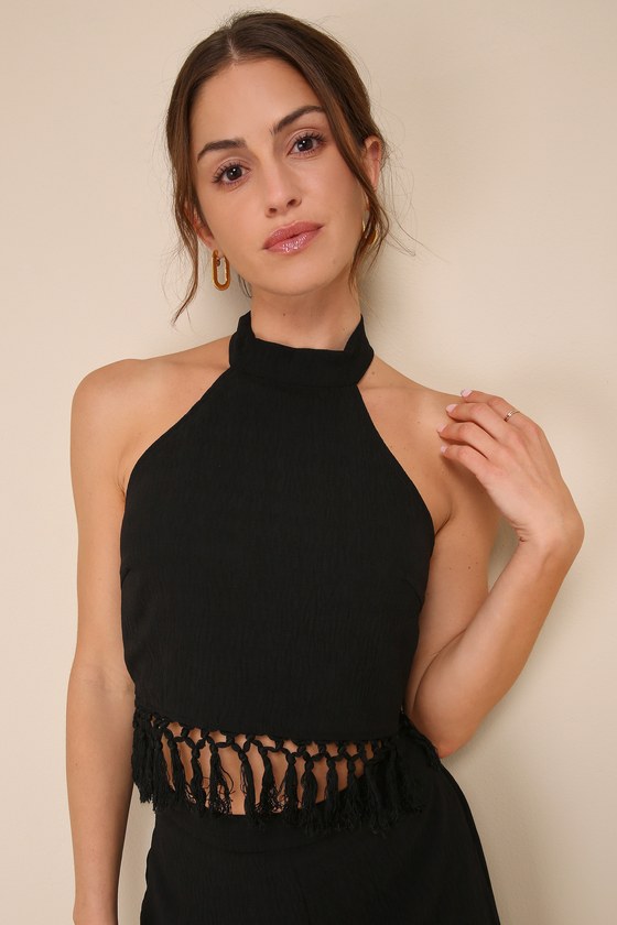 Summery Occasion Black Fringe Halter Crop Top