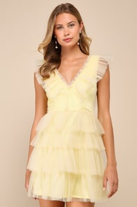 Striking Sensation Yellow Tulle Tiered Ruffled Mini Dress