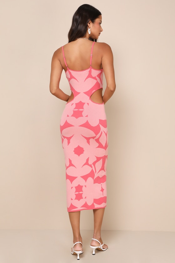 Perfectly Charming Pink Abstract Print Cutout Midi Sweater Dress