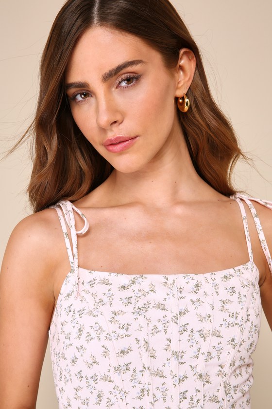 Lulus Iconic Delight Blush Floral Bustier Tie-strap Skater Mini Dress In Pink