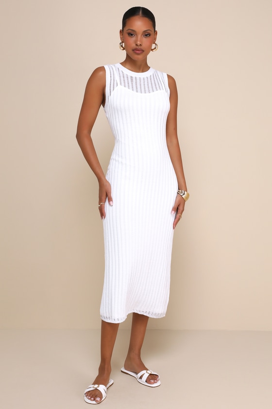 Lulus Effortlessly Sultry White Ribbed Knit Bodycon Midi Dress
