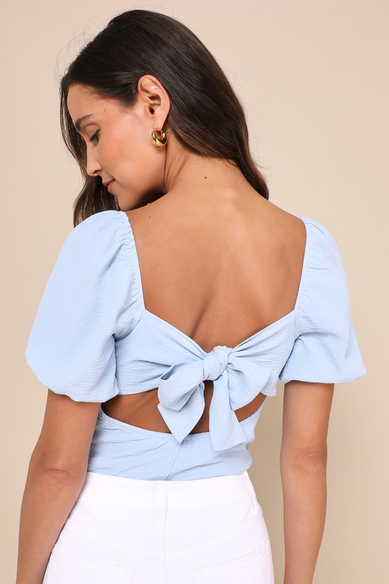 Lulus Abundance Of Love Blue Textured Puff Sleeve Tie-back Bodysuit In Blue