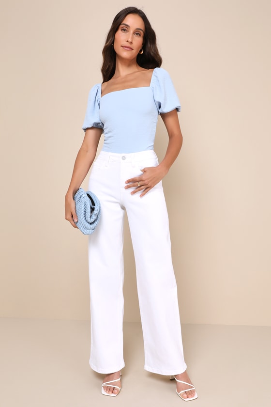 Lulus Abundance Of Love Blue Textured Puff Sleeve Tie-back Bodysuit In Blue