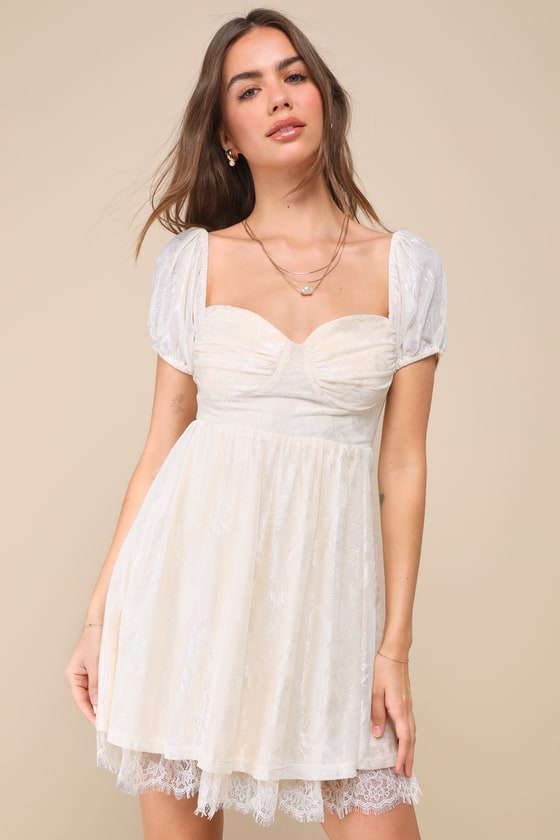 Lulus Preciously Adored Cream Mesh Lace Puff Sleeve Cutout Mini Dress In White