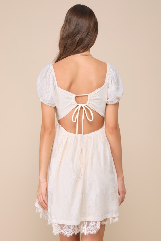 Lulus Preciously Adored Cream Mesh Lace Puff Sleeve Cutout Mini Dress In White
