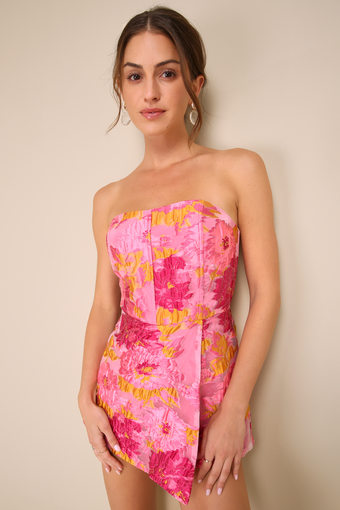 Sensational Excellence Pink Jacquard Strapless Skort Romper 1