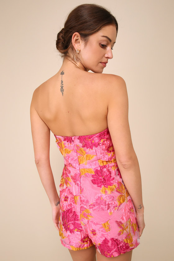 Lulus Sensational Excellence Pink Jacquard Strapless Skort Romper In Pink