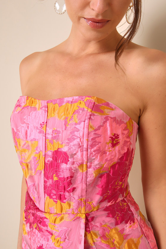 Lulus Sensational Excellence Pink Jacquard Strapless Skort Romper In Pink