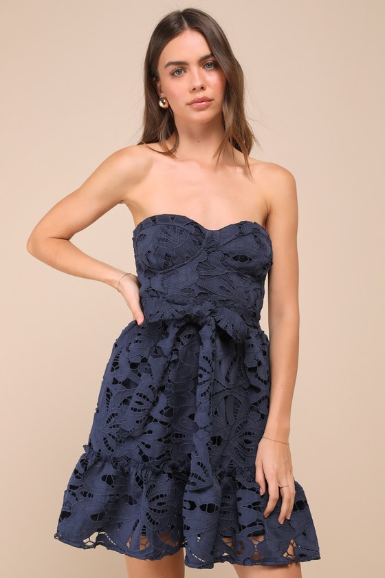 Lulus Majorly Cute Navy Blue Crochet Lace Strapless Bustier Mini Dress In Navy Blue